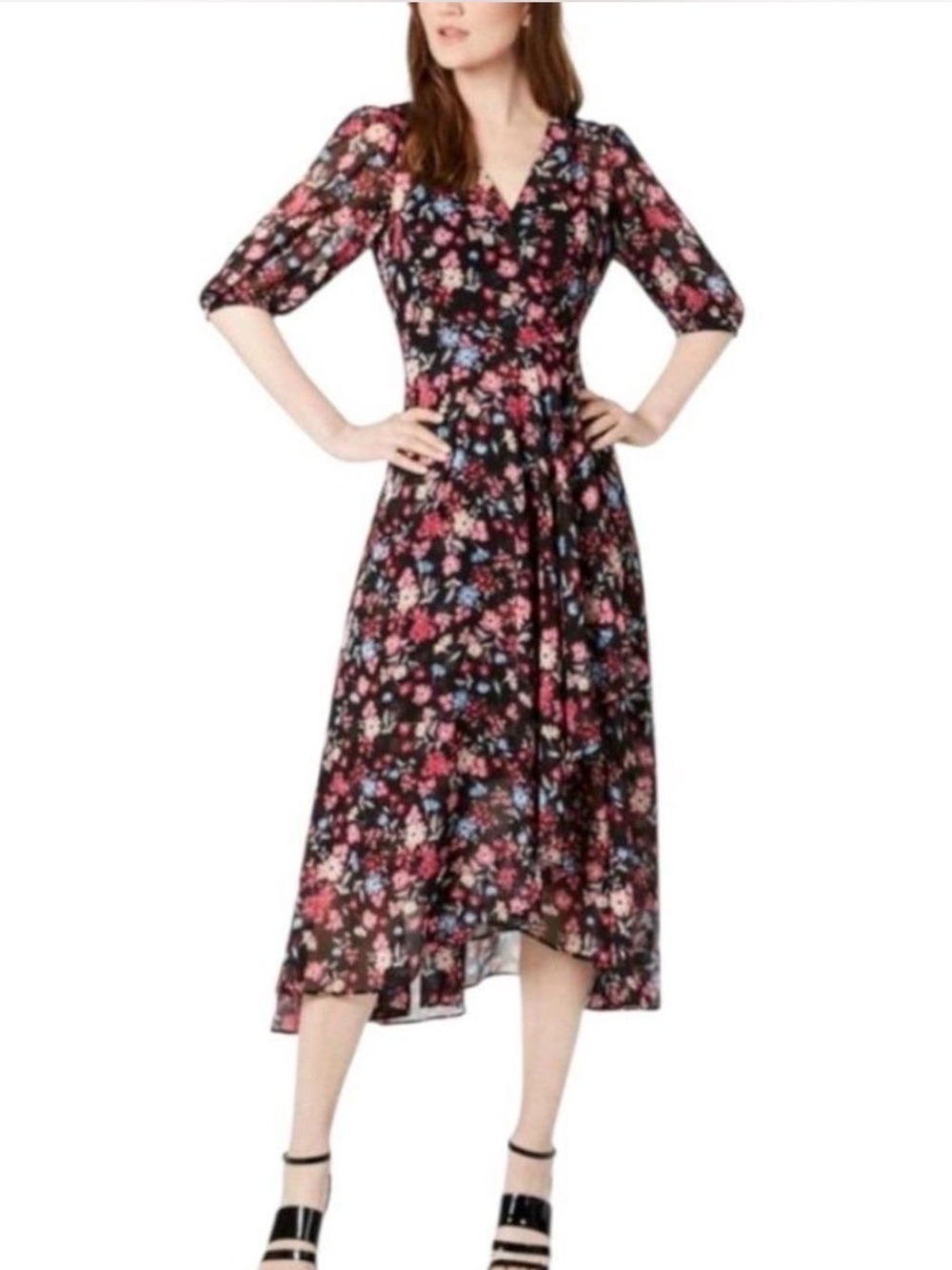 CALVIN KLEIN Floral Chiffon Wrap High Low Dress Sz 10